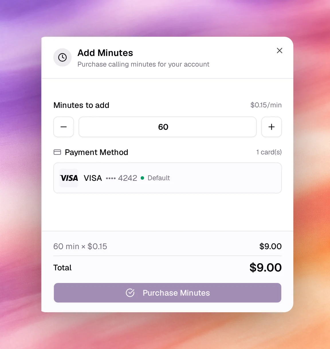 The Add Minutes dialog with the minutes stepper, the payment method and the total