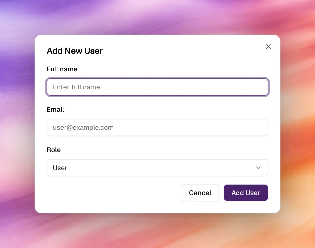 The Add New User dialog with Full name, Email and Role fields
