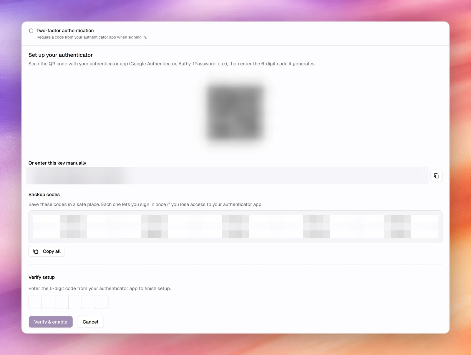 The Set up your authenticator panel with a QR code, a manual key, ten backup codes and the Verify & enable button