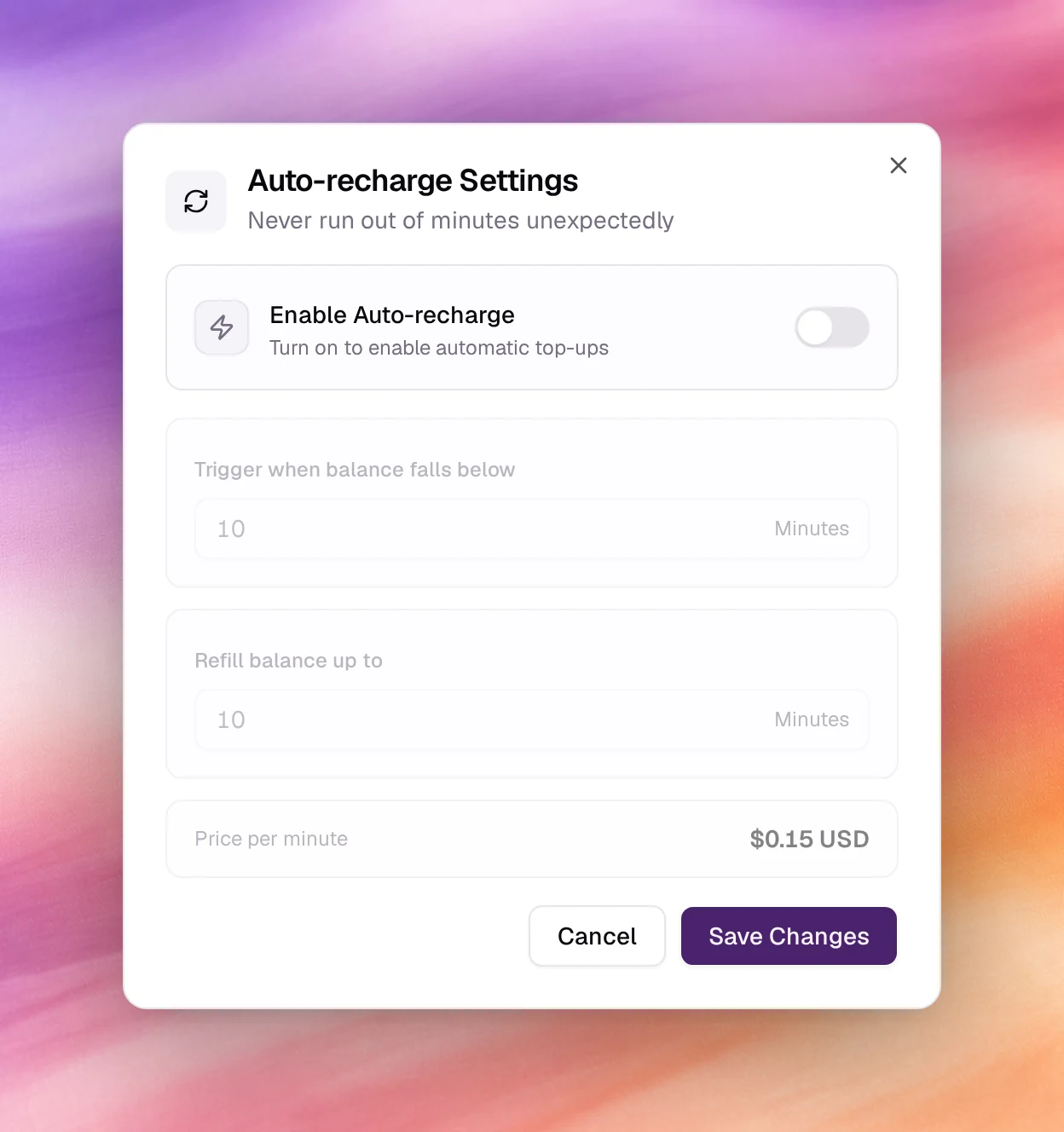 The Auto-recharge Settings dialog with the enable switch, the trigger threshold and the refill target