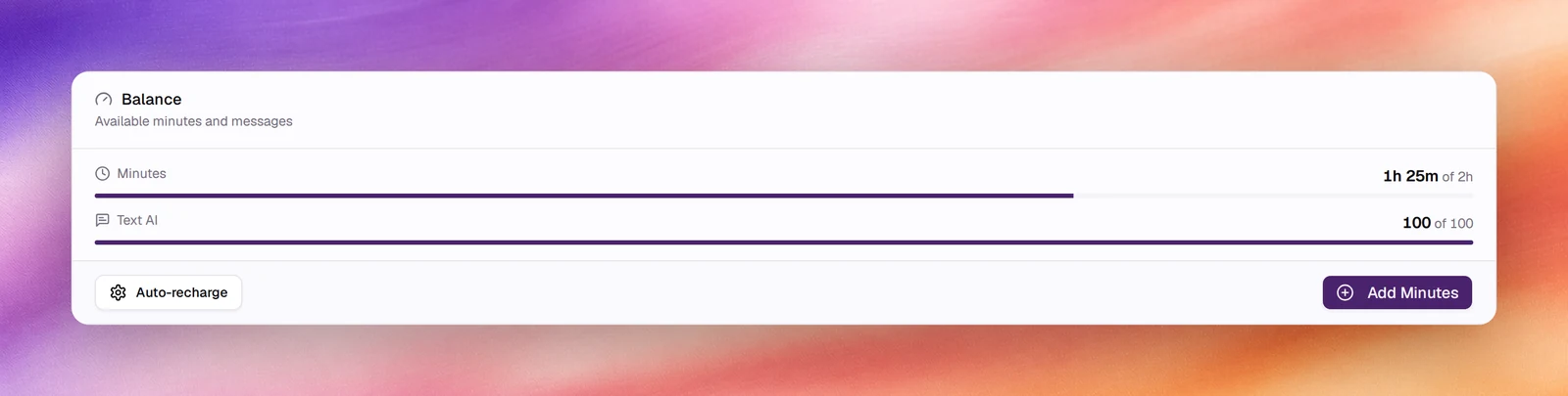 The Balance card with the Minutes and Text AI progress bars, the Auto-recharge and Add Minutes buttons