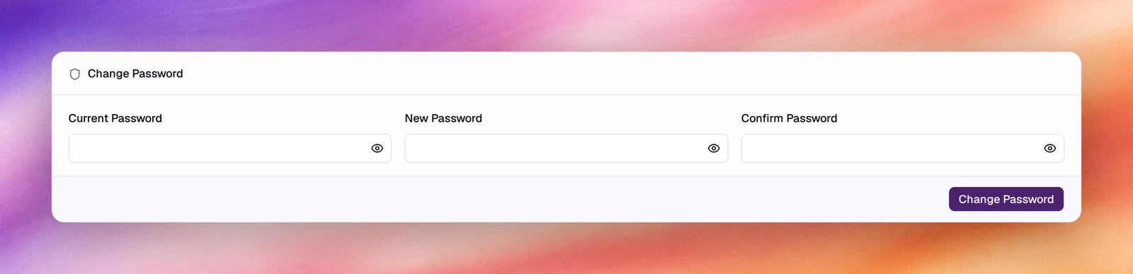 The Change Password card with Current Password, New Password and Confirm Password fields