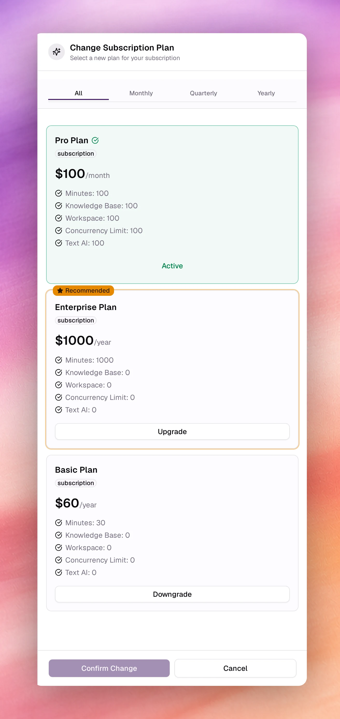 The Change Subscription Plan dialog with the cycle tabs and the plan cards