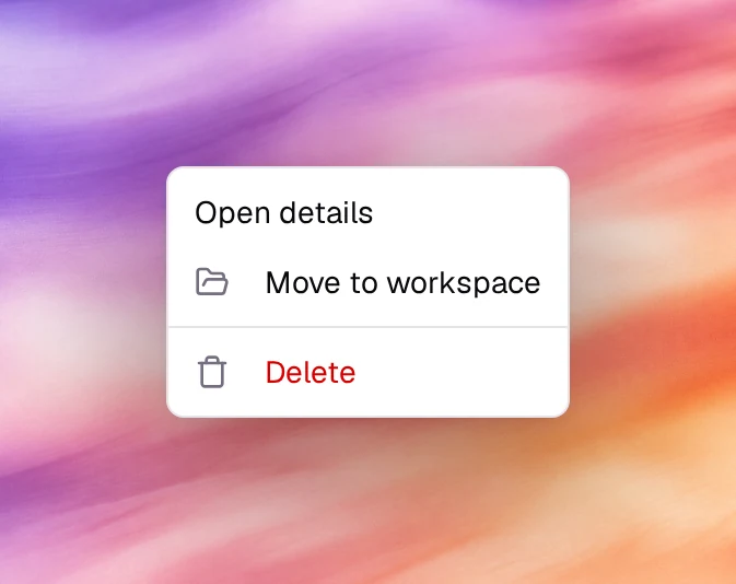 The actions menu of a phone number with Open details, Move to workspace and Delete