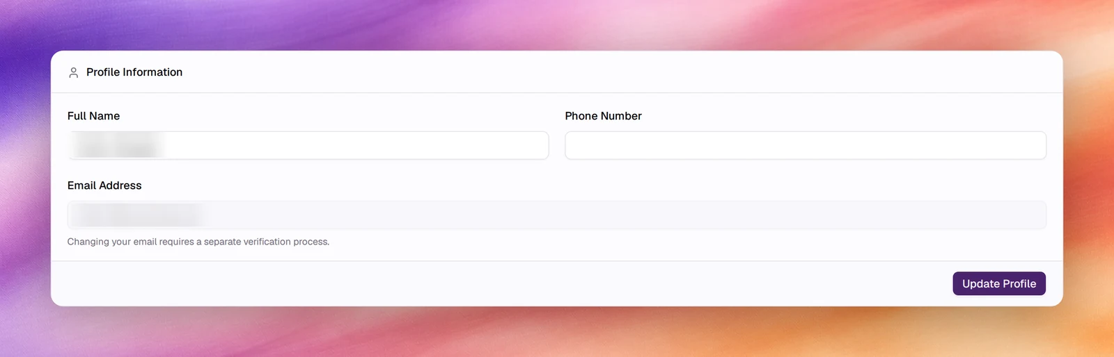 The Profile Information card with Full Name, Phone Number, a disabled Email Address and the Update Profile button