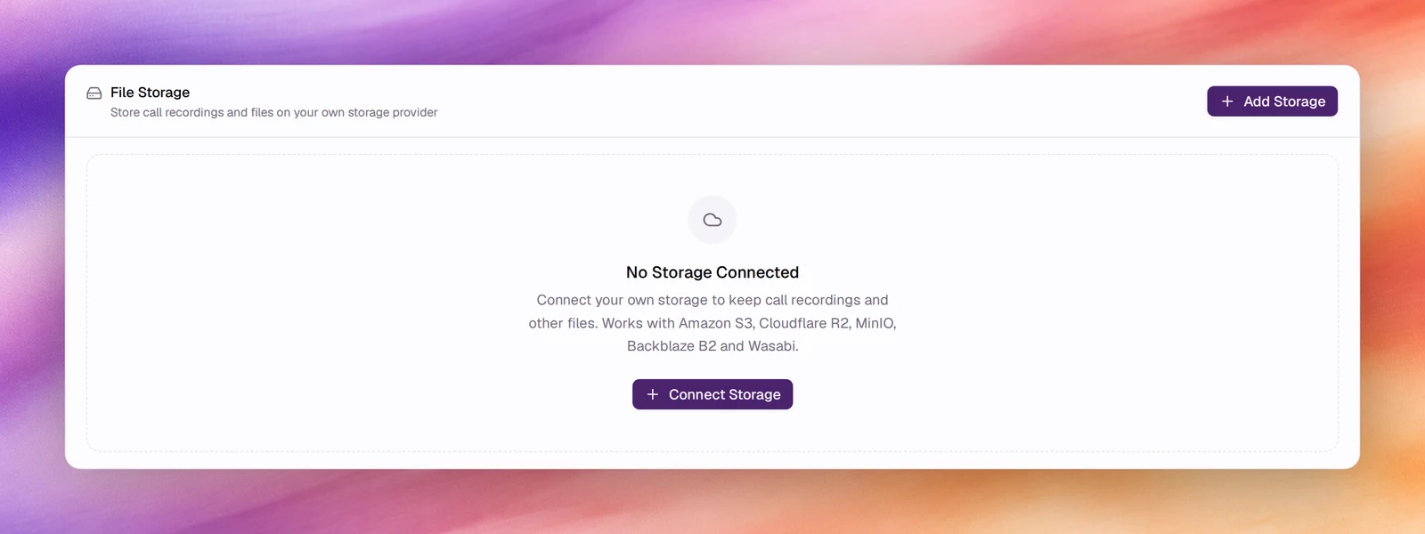 The File Storage card in its No Storage Connected state with the Add Storage and Connect Storage buttons