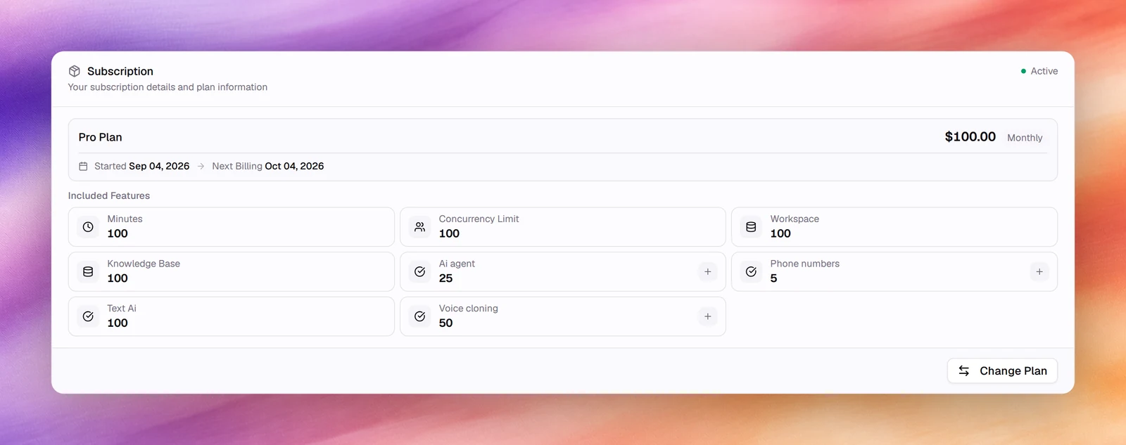 The Subscription card showing the plan, its price, its dates and the Included Features grid