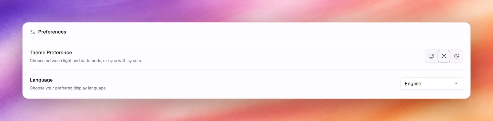 The Preferences card with the System, Light and Dark theme buttons and the Language selector