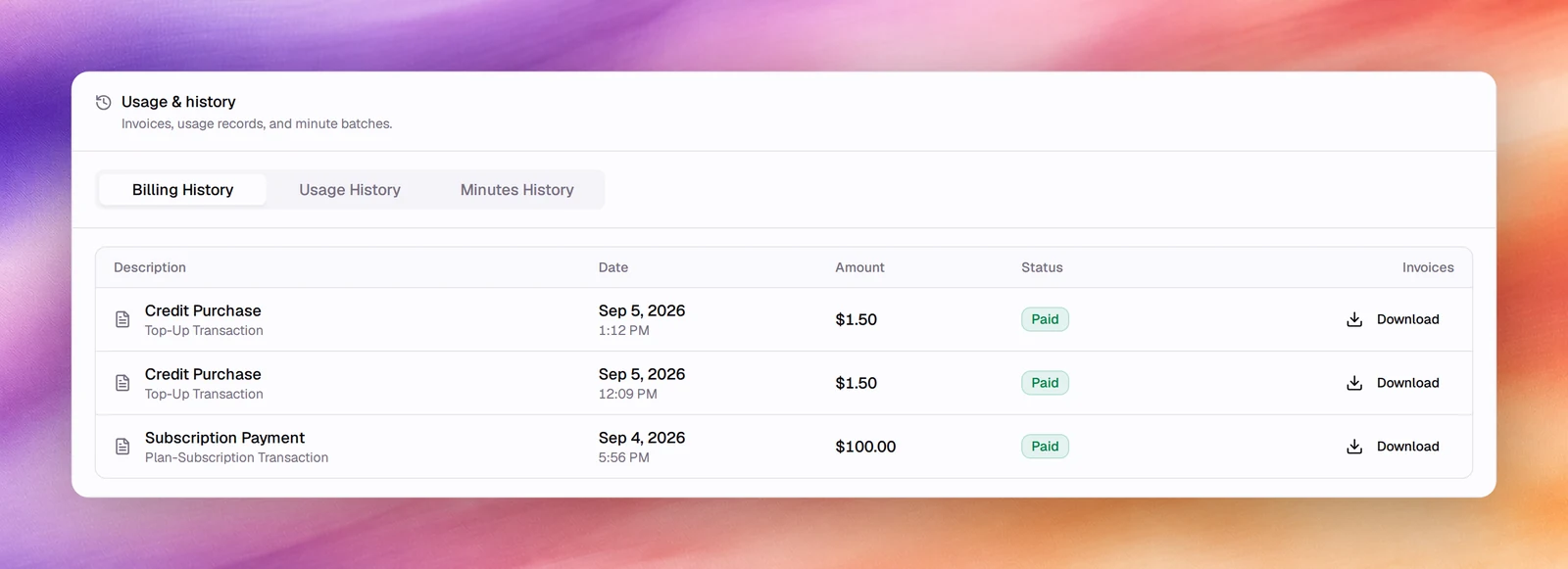 The Usage & history card with the Billing History, Usage History and Minutes History tabs