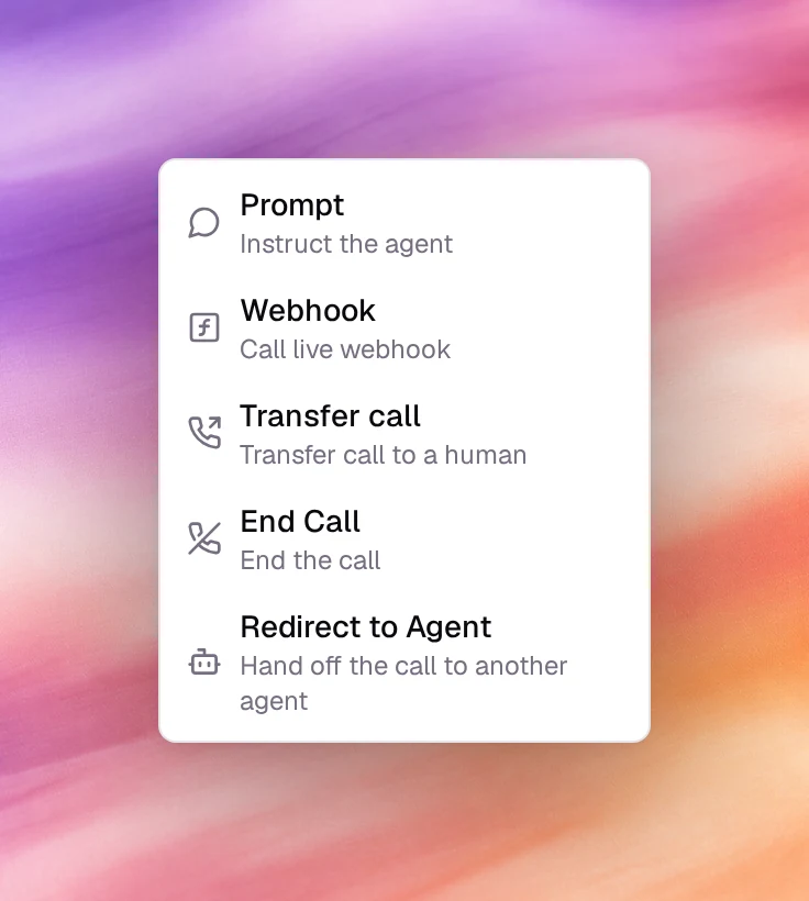 The Add node menu with Prompt, Webhook, Transfer call and End Call