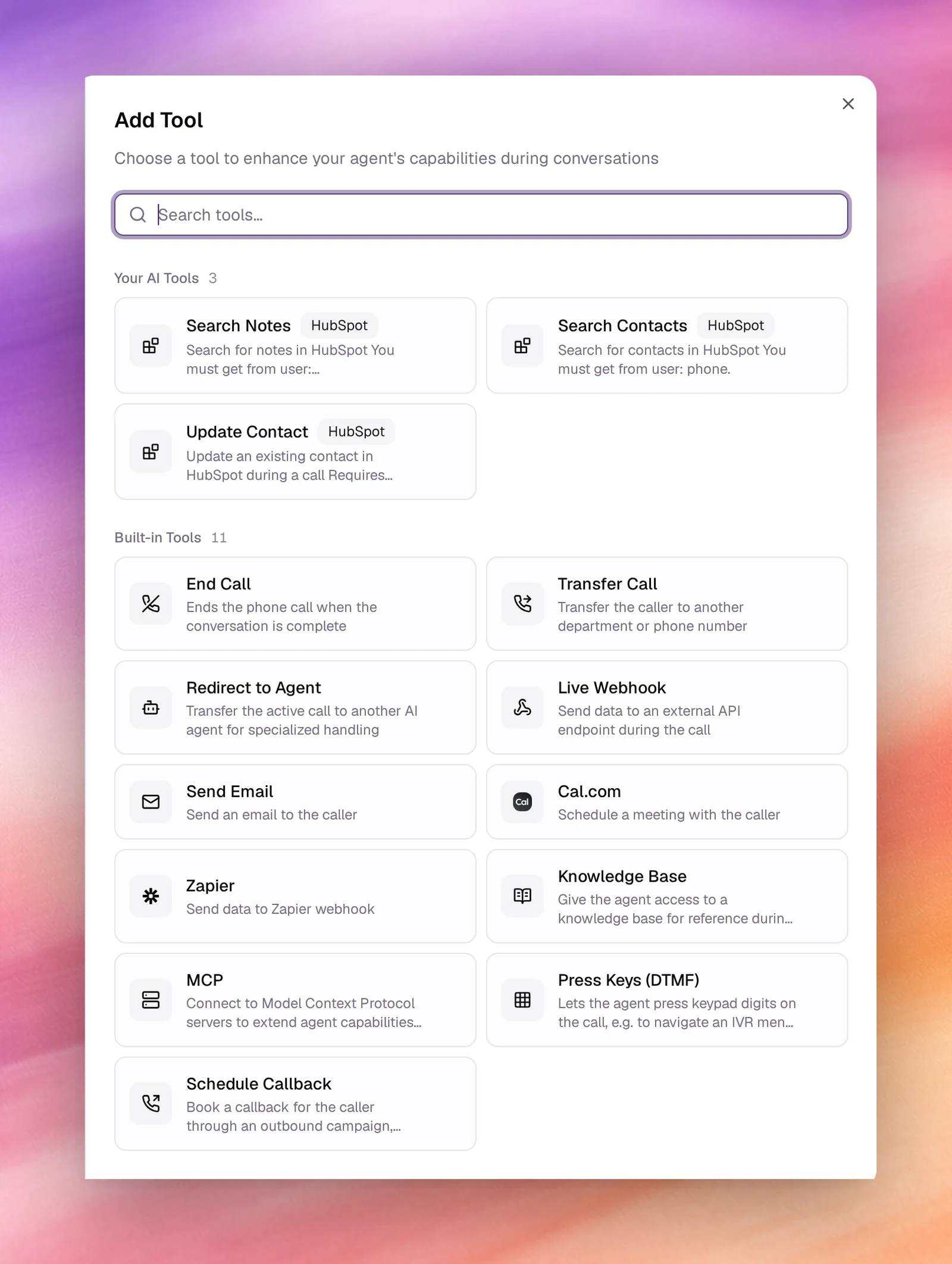 The Add Tool dialog with Your AI Tools and the Built-in Tools