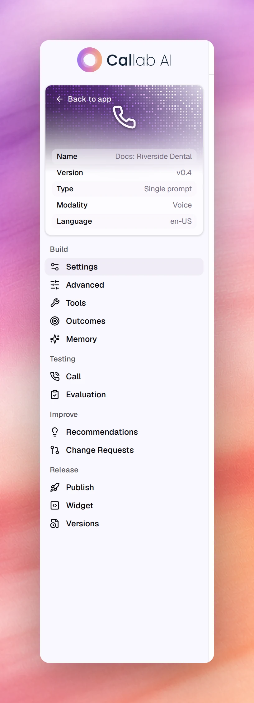 The agent workspace sidebar with the Build, Testing, Improve and Release groups