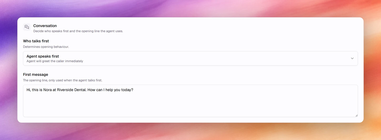 The Conversation card with Who talks first and First message