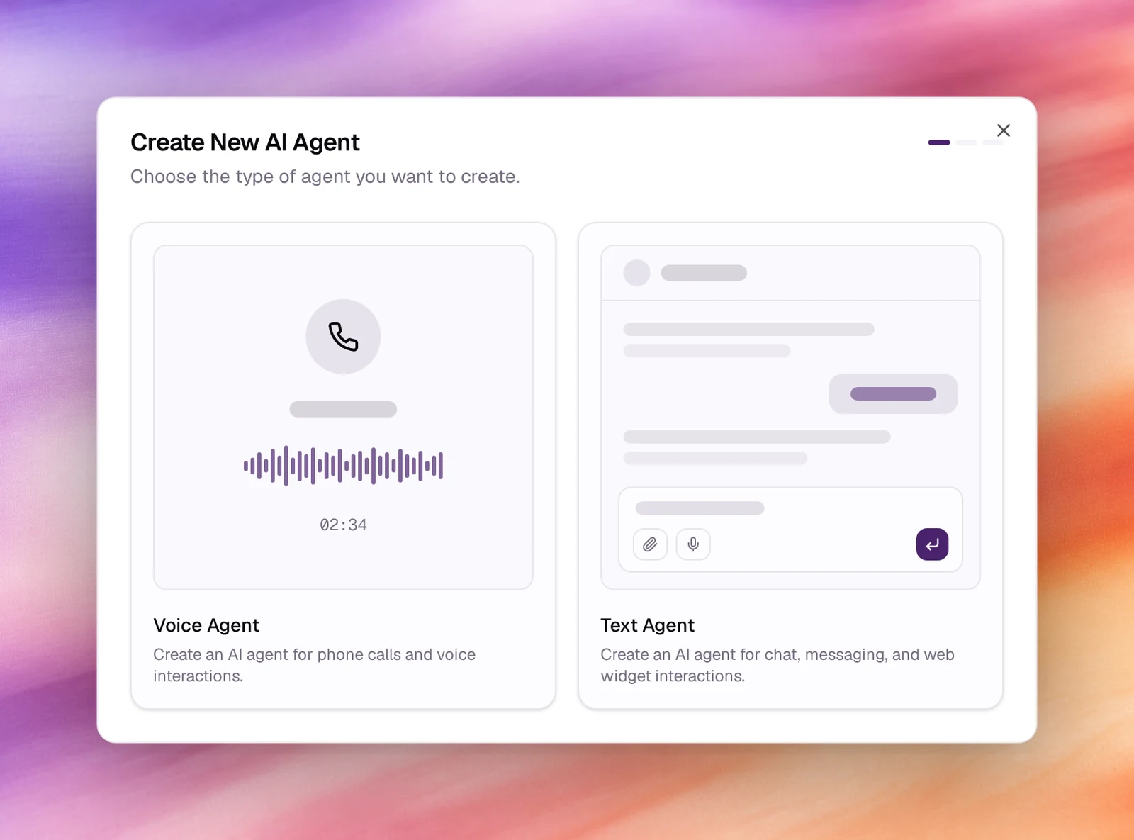 The Create New AI Agent dialog offering Voice Agent and Text Agent