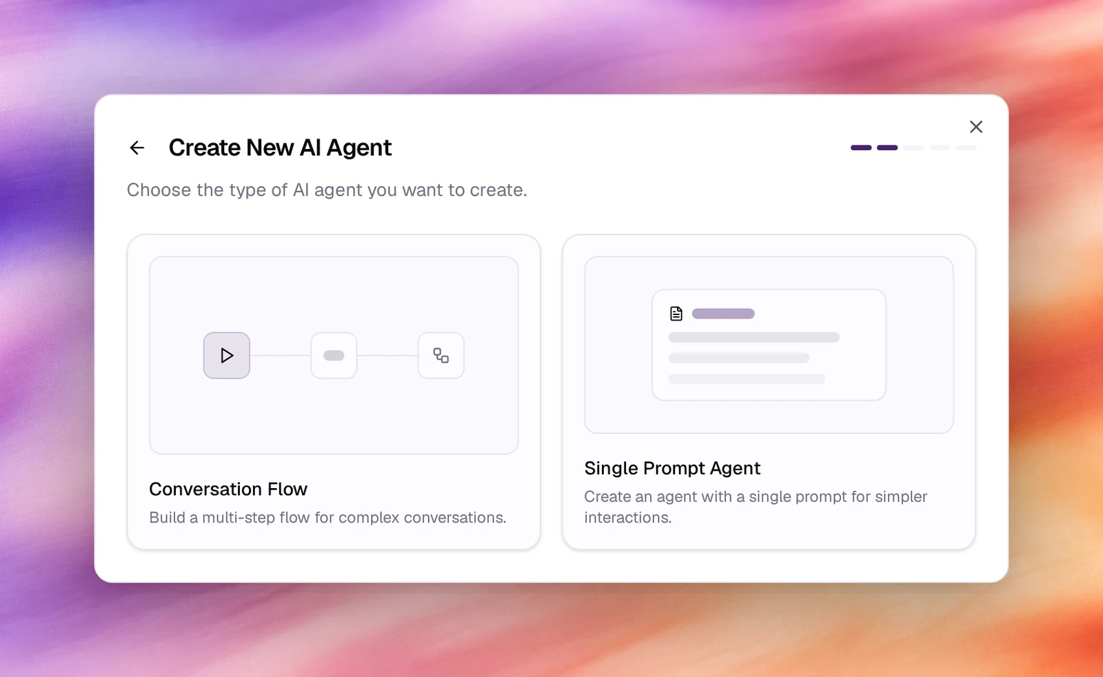 The Create Agent dialog offering Single Prompt Agent and Conversation Flow