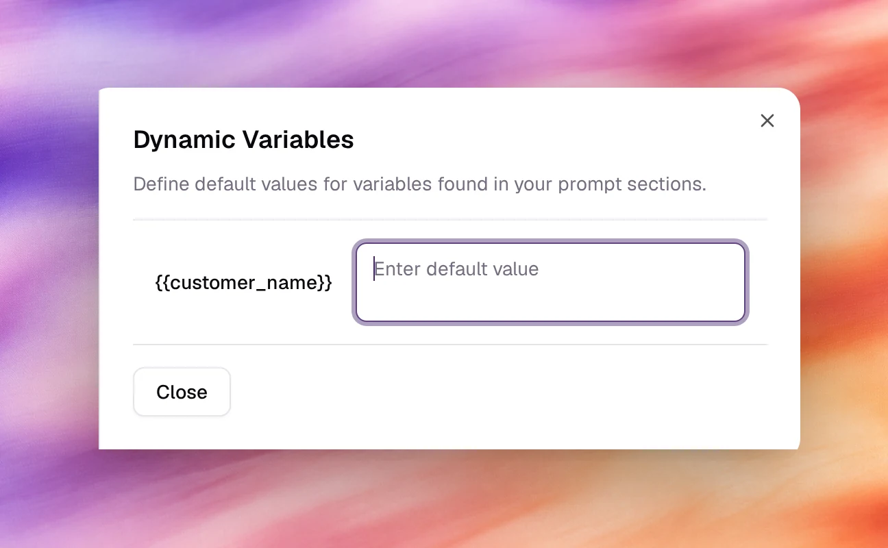The Dynamic Variables dialog listing customer_name with an Enter default value field