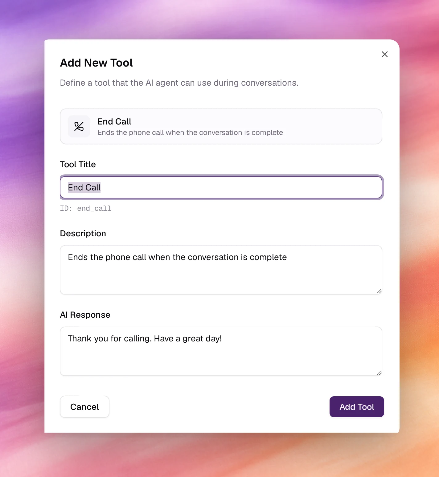 The Add New Tool panel for End Call with Tool Title and its ID, Description and AI Response