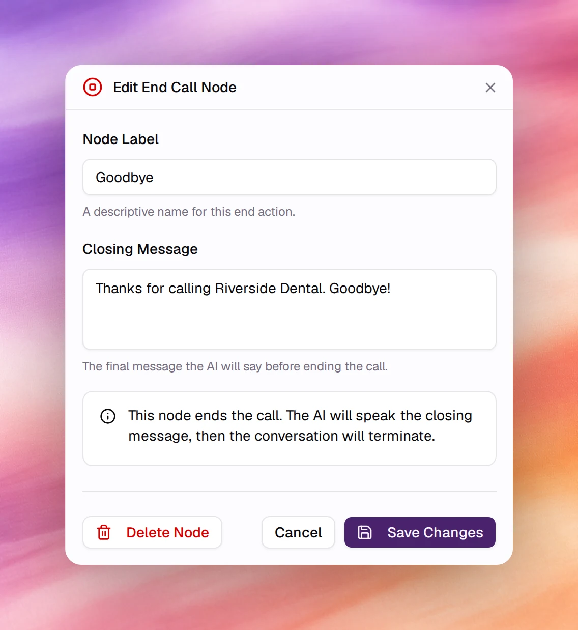 The Edit End Call Node panel with Node Label and Closing Message