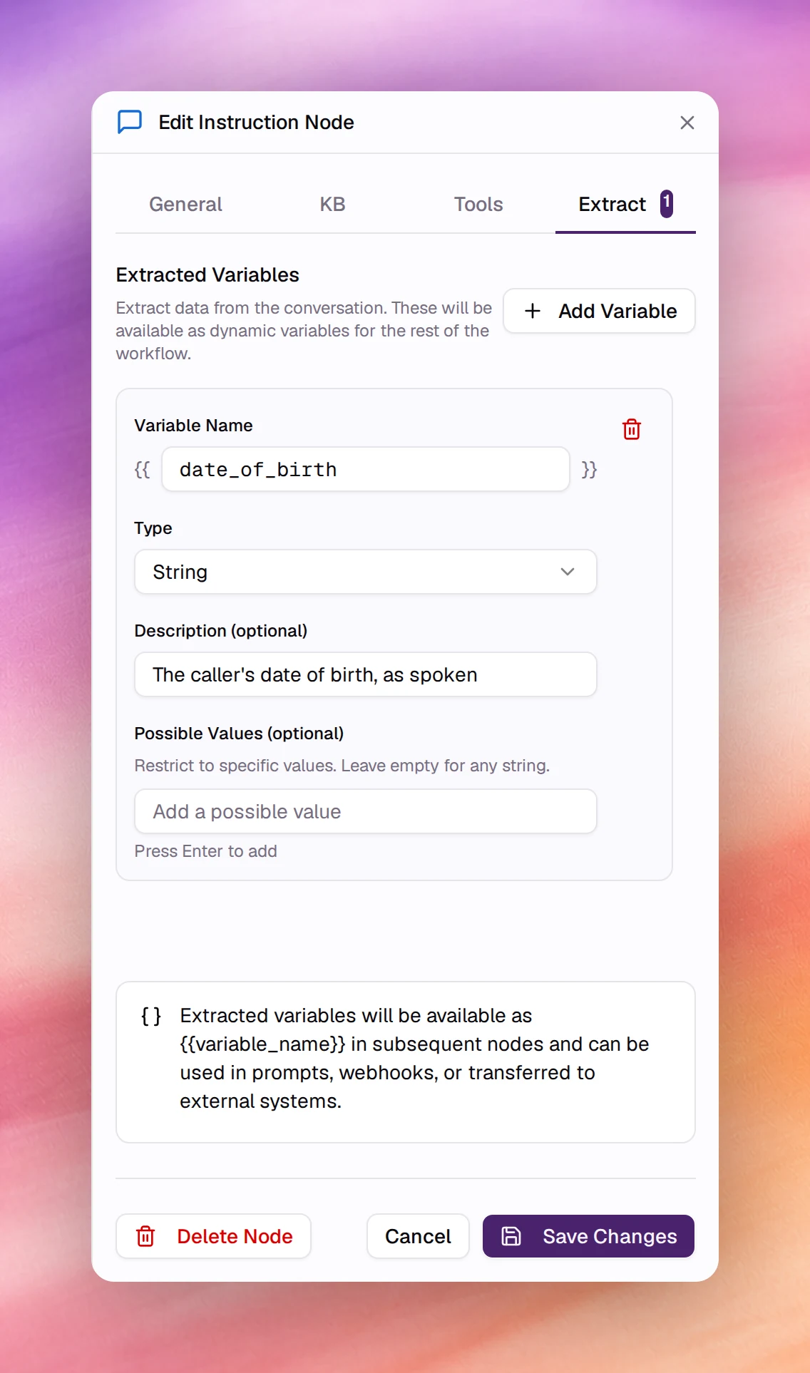 The Extract tab of a Prompt node with a variable name, type, description and possible values