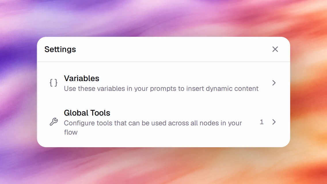 The flow Settings panel listing Variables and Global Tools