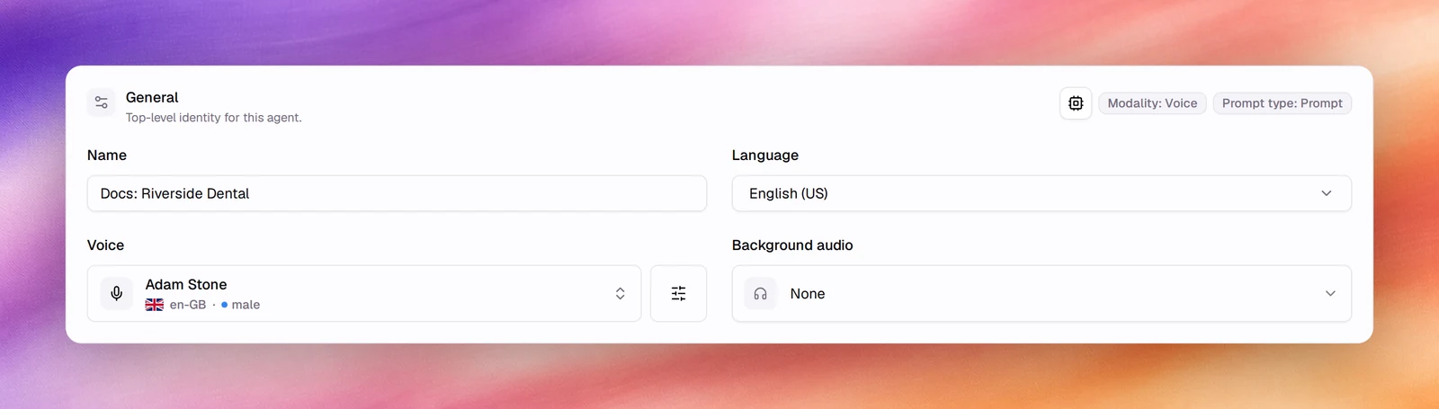 The General card with Name, Description, Language, voice and Background audio