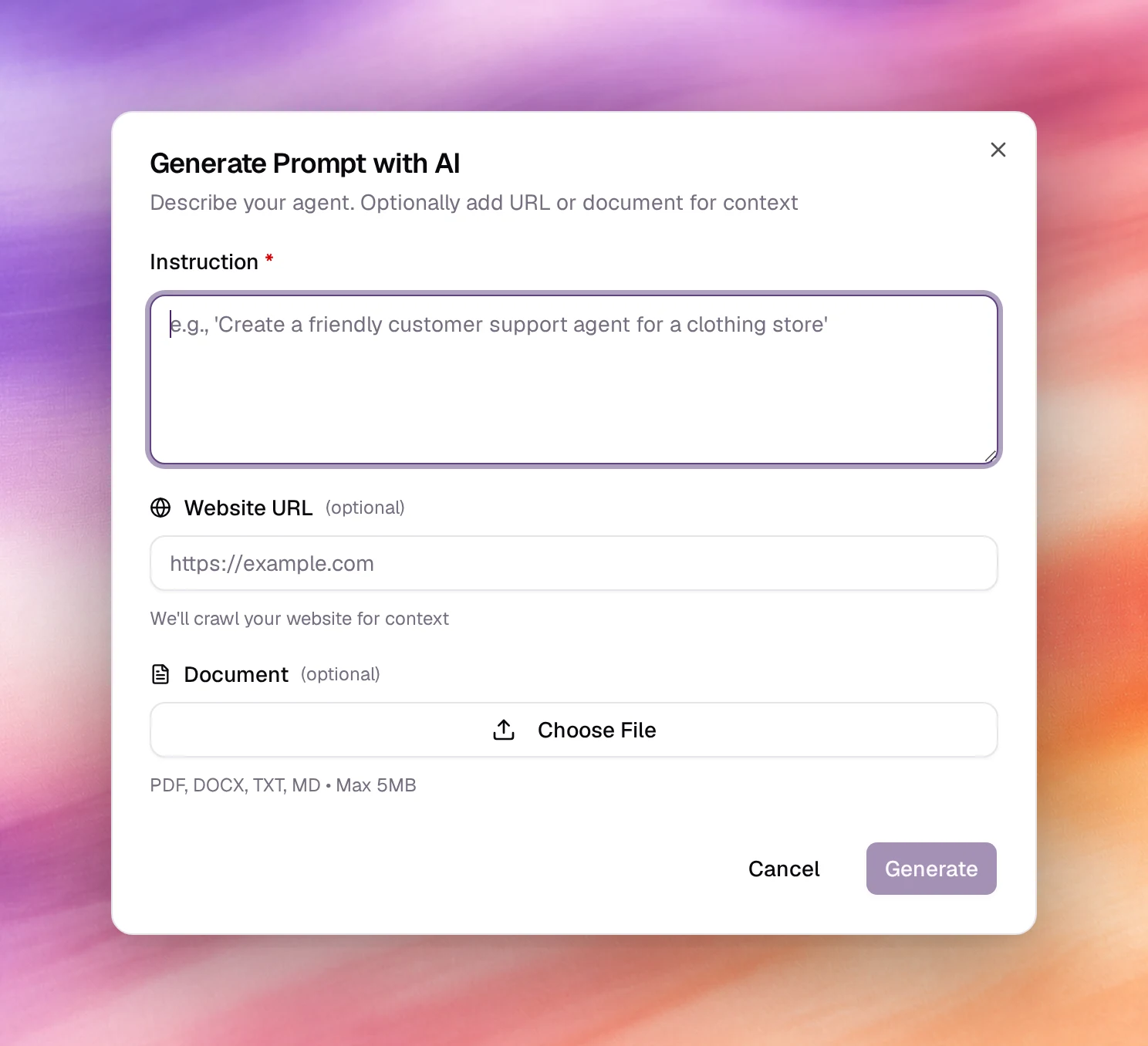 The Generate Prompt with AI dialog with Instruction, Website URL and Document fields