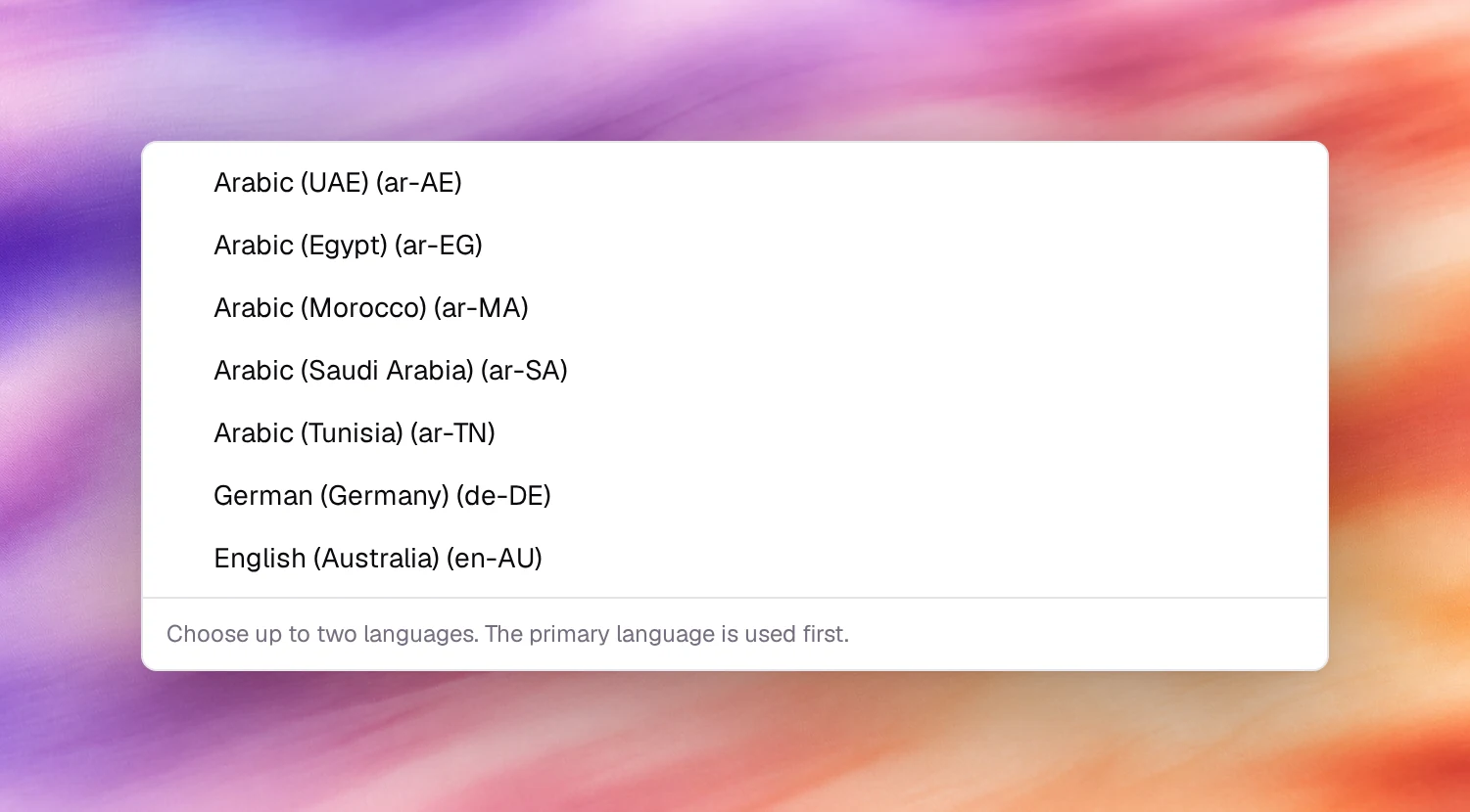The Language menu listing languages with their locale codes, and the note to choose up to two