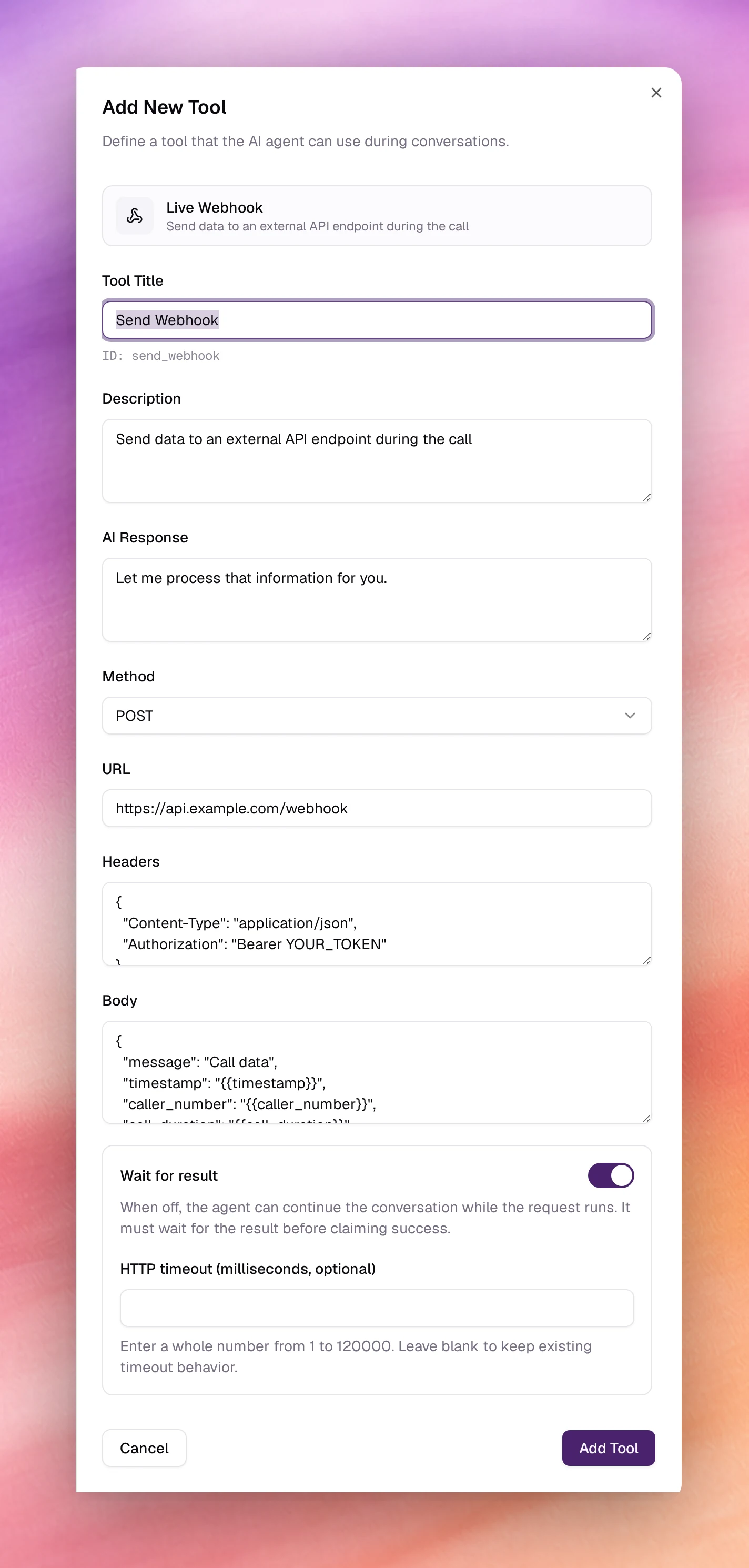 The Add New Tool form for Live Webhook with Method, URL, Headers and Body