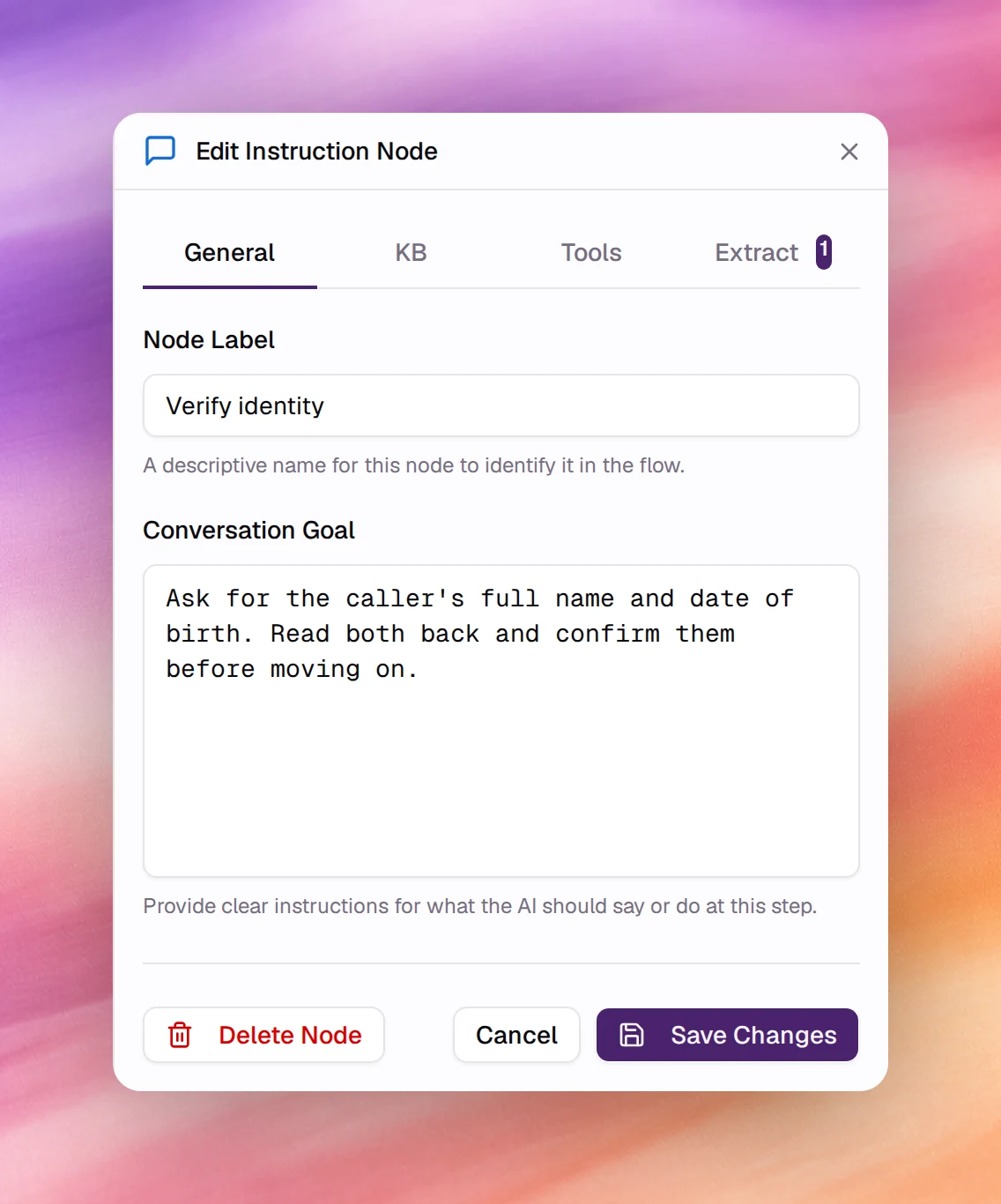 The Edit Instruction Node panel with General, KB, Tools and Extract tabs