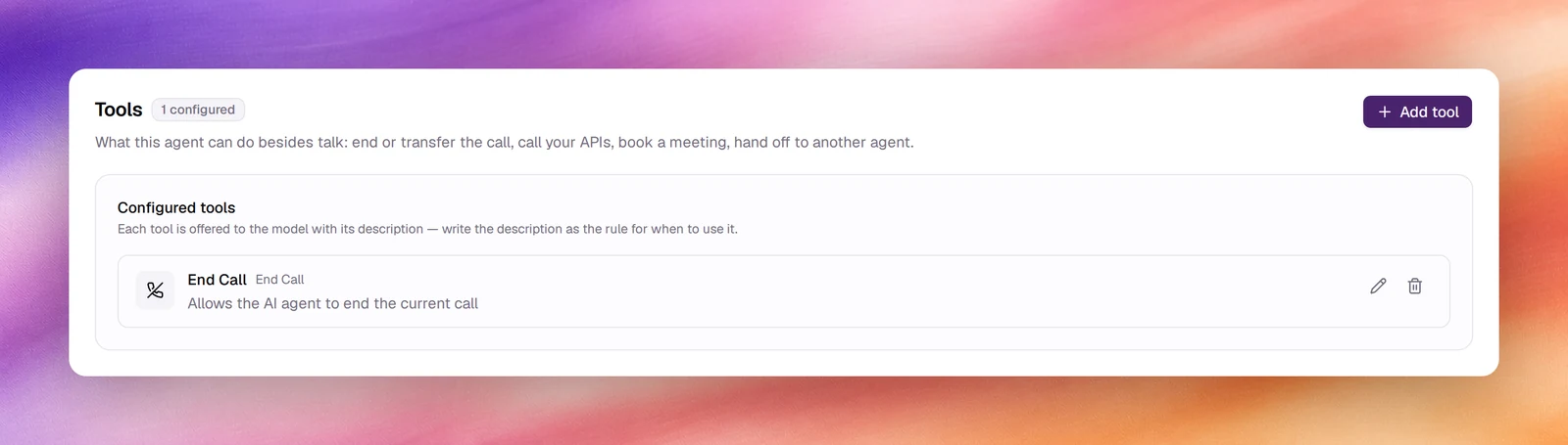 The Tools section listing End Call under Configured tools, with the Add tool button