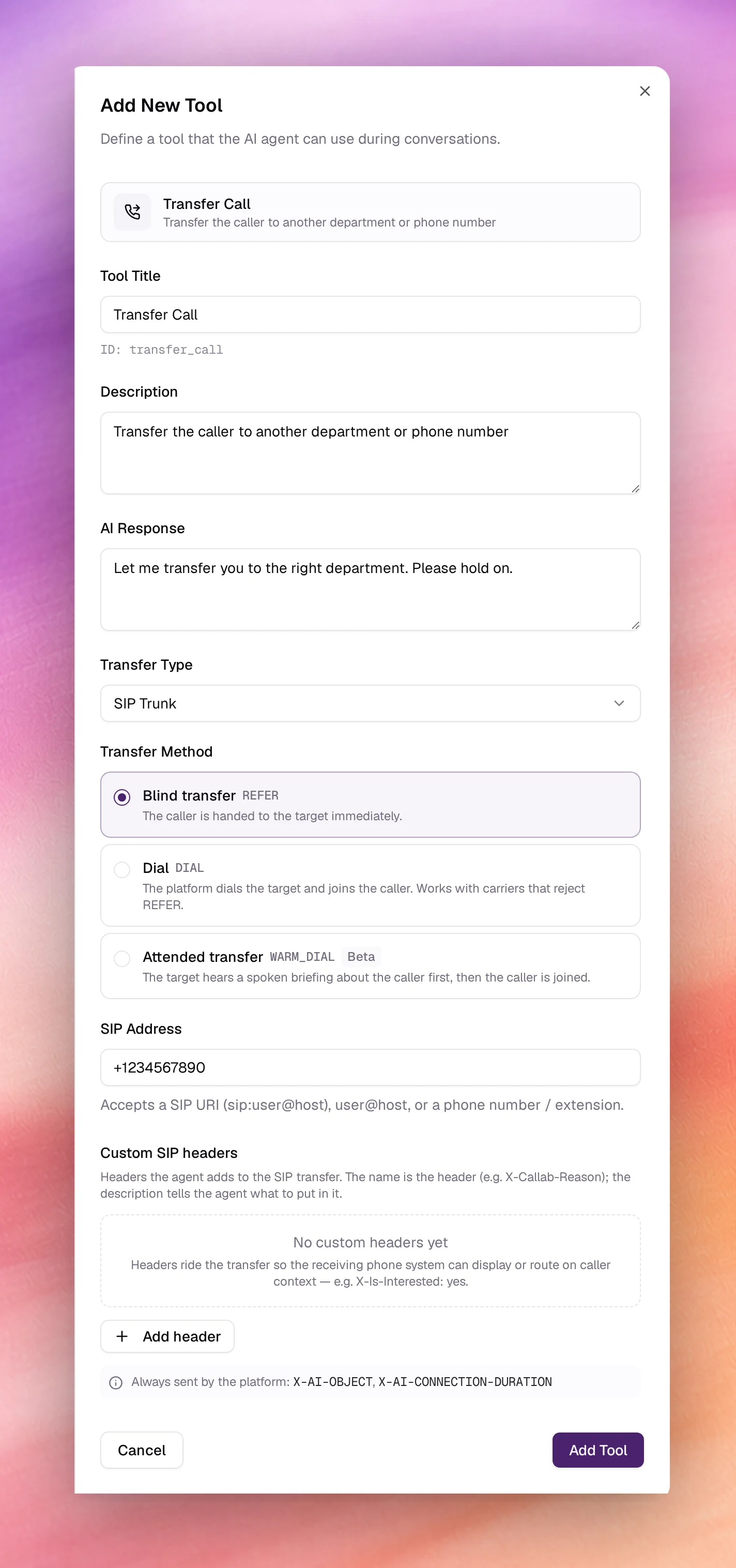 The Add New Tool form for Transfer Call with Transfer Type SIP Trunk, SIP Address, Transfer Method and Custom SIP headers