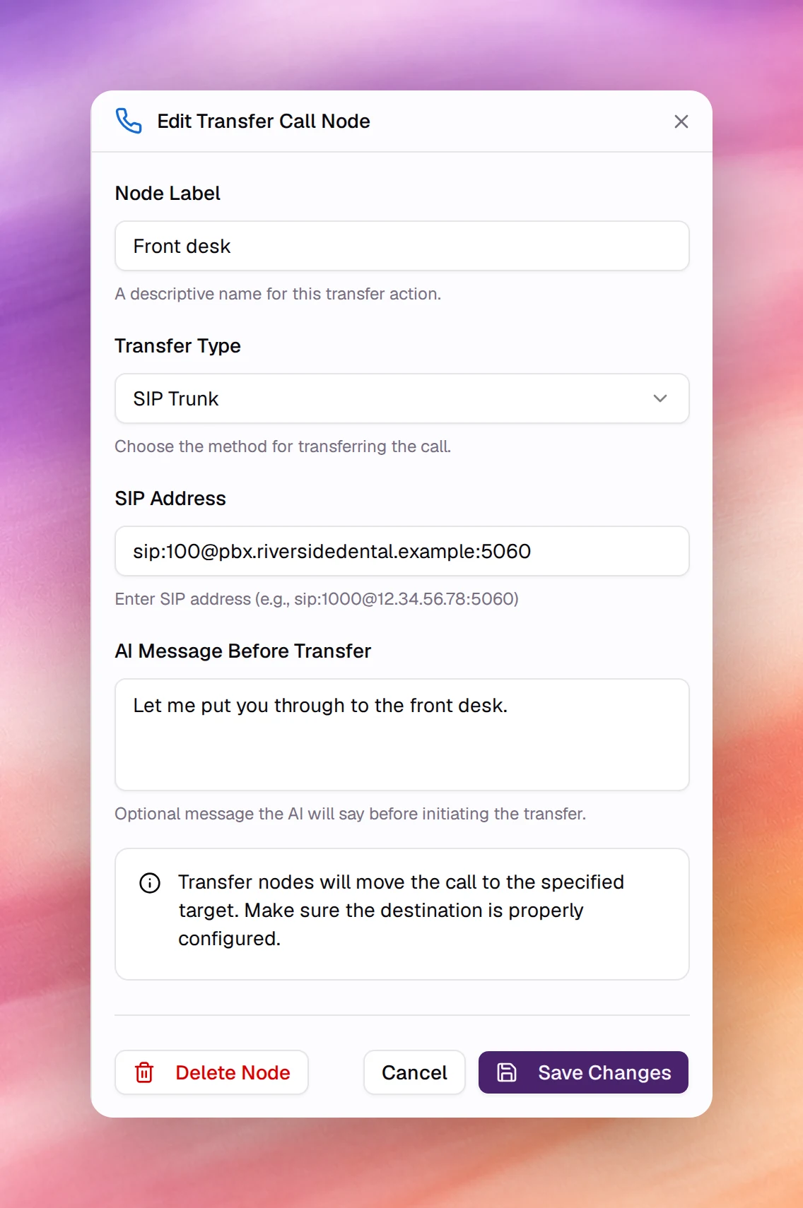 The Edit Transfer Call Node panel with Transfer Type, SIP Address and AI Message Before Transfer