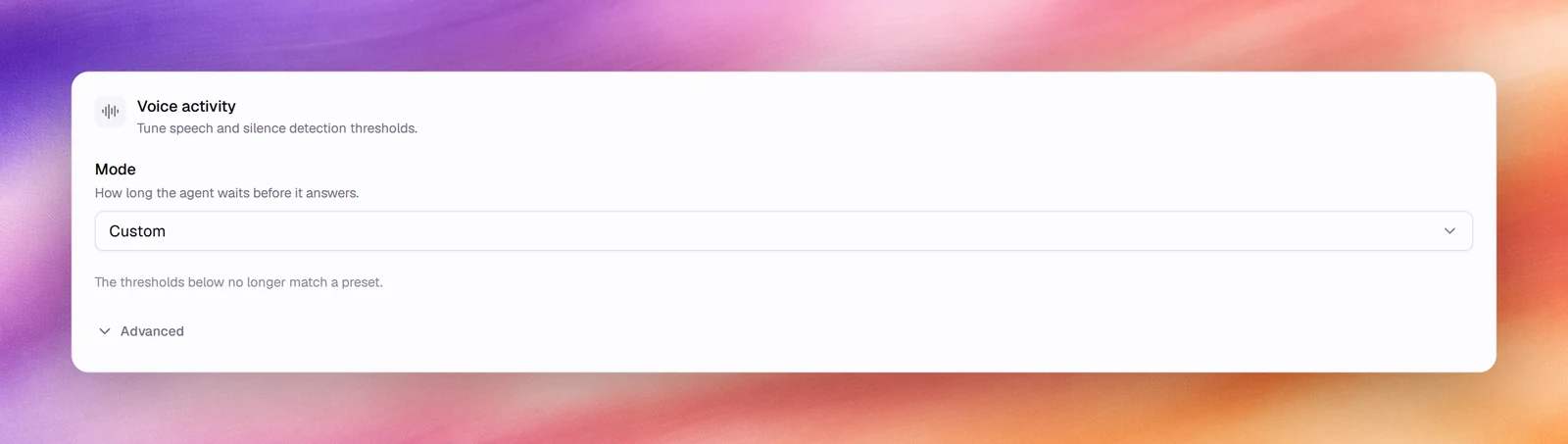 The Voice activity card with the Mode picker and the Advanced toggle