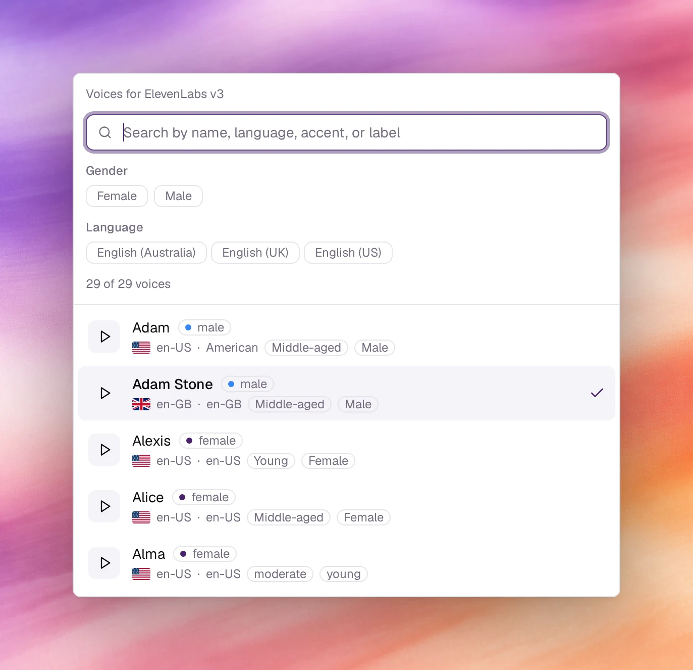 The voice picker dialog listing voices with flags, locales and preview buttons