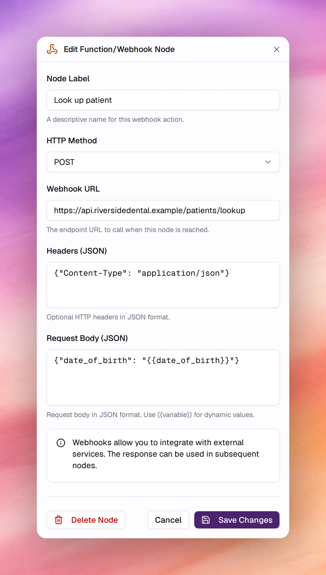 The Edit Function/Webhook Node panel with HTTP Method, Webhook URL, Headers and Request Body