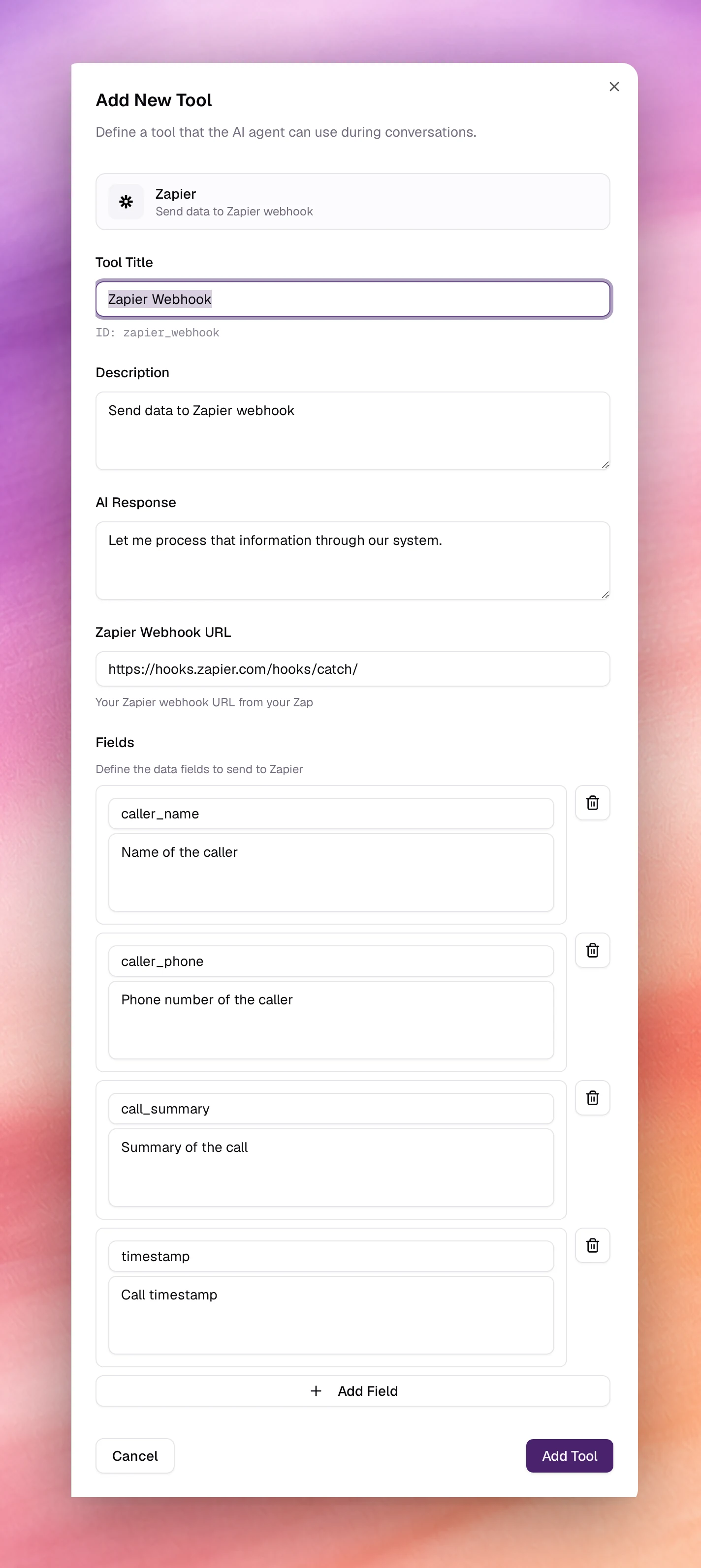 The Add New Tool form for Zapier with Zapier Webhook URL and a list of fields