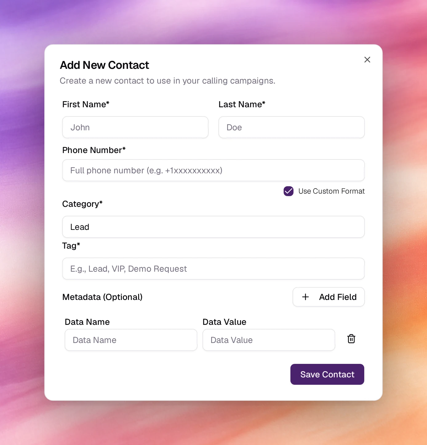 The Add New Contact dialog with name, phone, category, tag and a metadata field