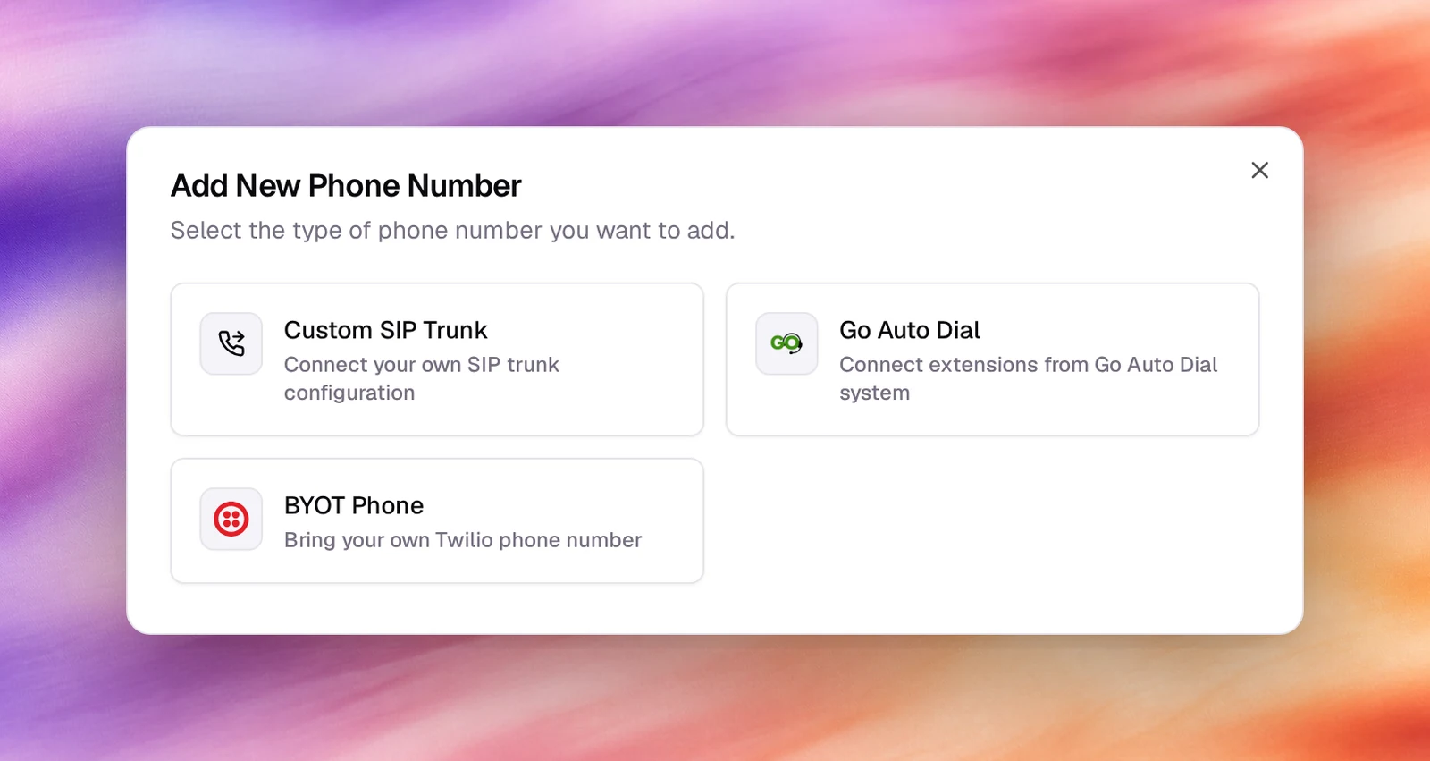 The Add New Phone Number dialog with Custom SIP Trunk, Go Auto Dial and BYOT Phone