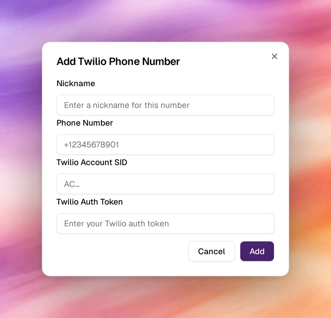 The Add Twilio Phone Number dialog with Nickname, Phone Number, Account SID and Auth Token