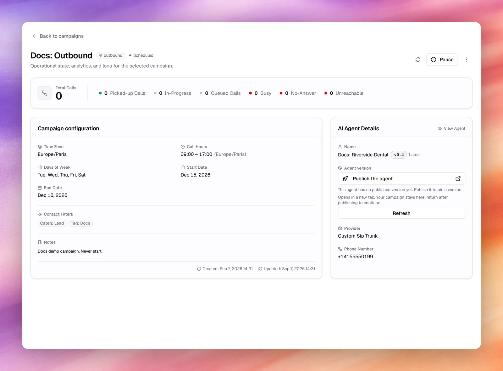 The campaign details page with counters, the Campaign configuration card and AI Agent Details