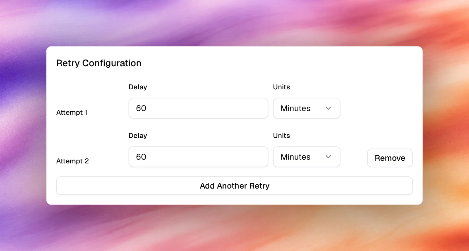The Retry Configuration section with two attempts, each with a delay and units