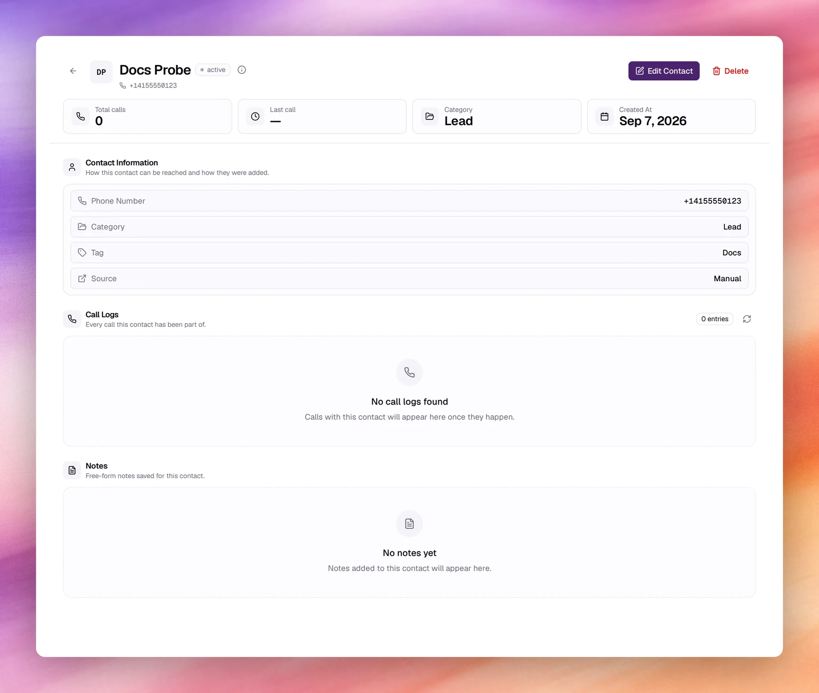 The contact page with tiles, Contact Information, Call Logs and Notes
