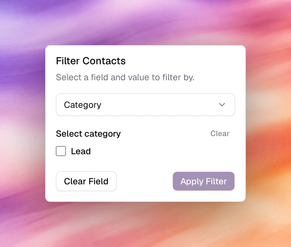 The Filter Contacts panel with Category selected and a Lead checkbox