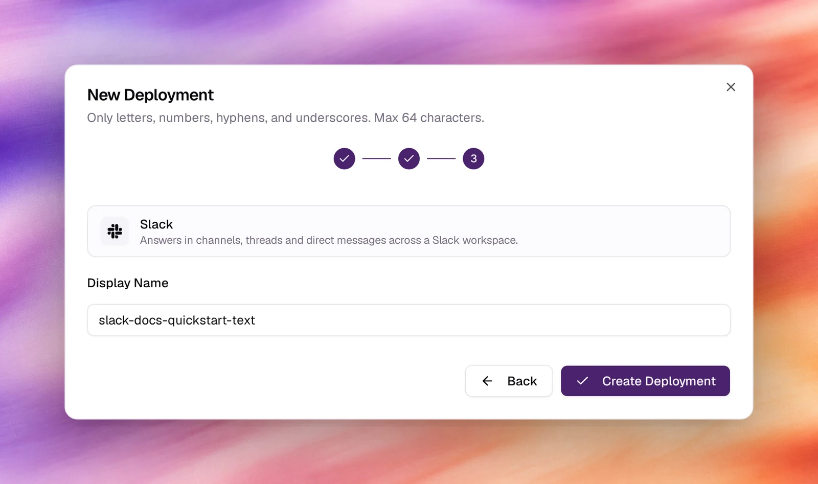 The third step of New Deployment with the Slack platform, the Display Name field and Create Deployment