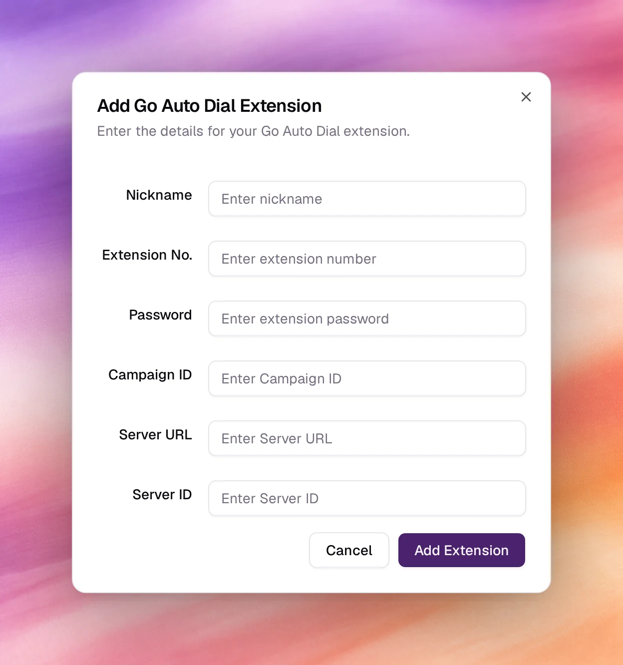 The Add Go Auto Dial Extension dialog with Nickname, Extension No., Password, Campaign ID, Server URL and Server ID