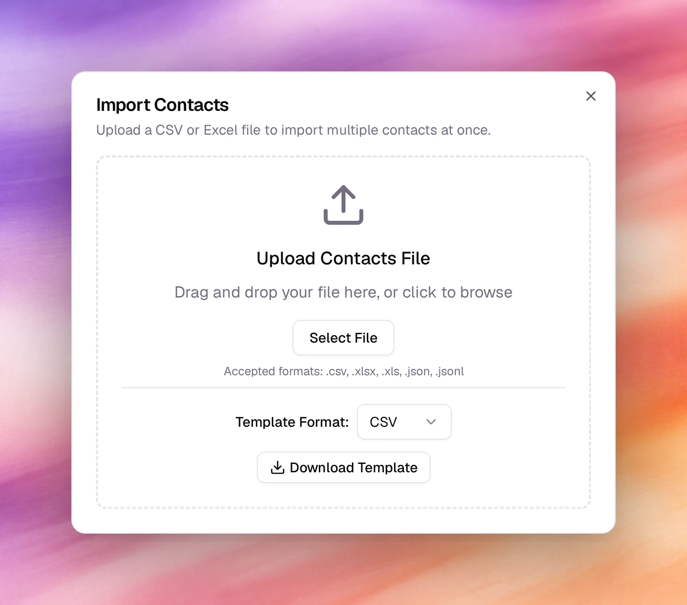 The Import Contacts dialog with the upload area, accepted formats and Download Template
