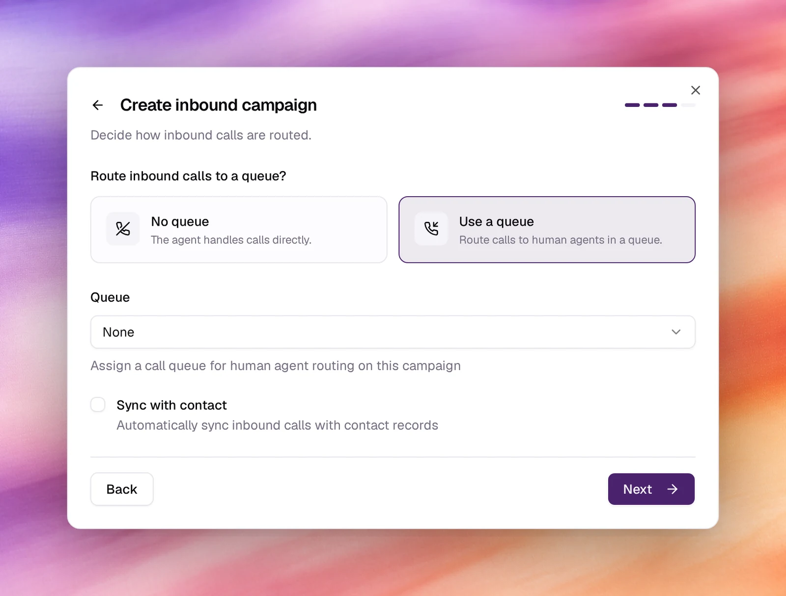 The inbound campaign wizard's routing step with No queue, Use a queue and Sync with contact