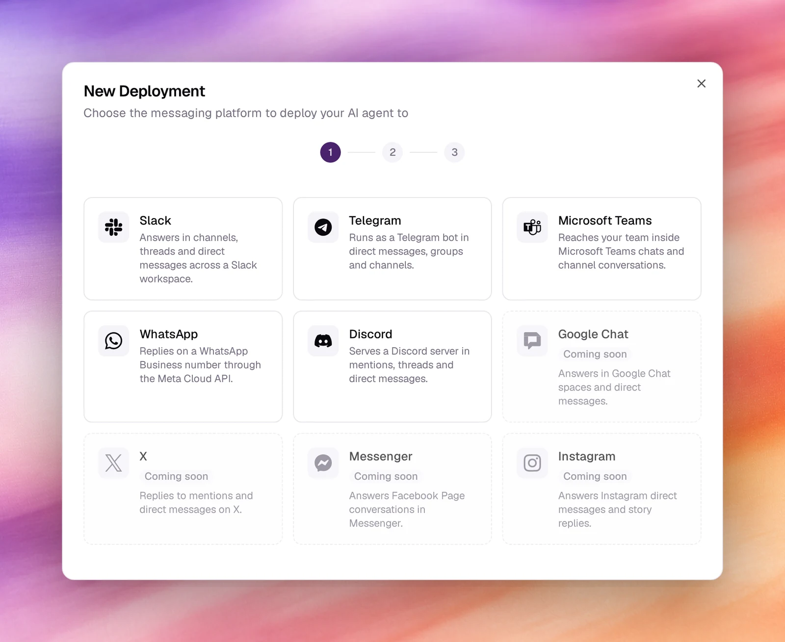 The New Deployment dialog listing Slack, Telegram, Microsoft Teams, WhatsApp and Discord, with four platforms marked Coming soon