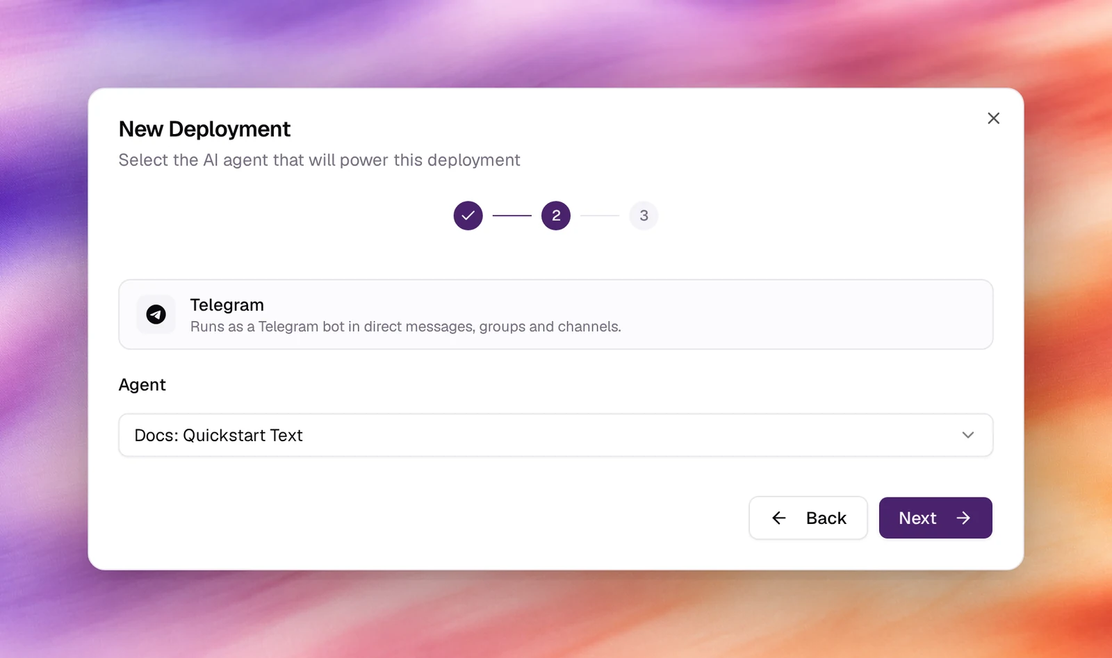 The second step of New Deployment with Telegram chosen and the Agent picker