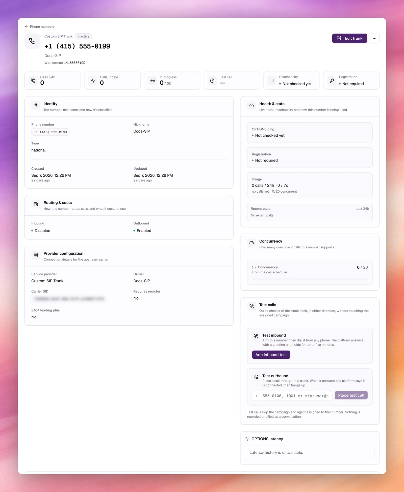The phone number details page with summary tiles, Identity, Routing & costs, Provider configuration, Health & stats, Concurrency, Test calls and OPTIONS latency